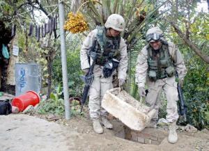 soldiers lift lid off rat hole; picture of palm tree with yellow fruit in background